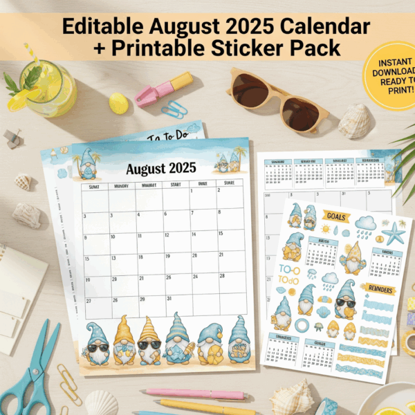 Editable August 2025 Calendar + Printable Sticker Pack – Beach & Gnome Theme for Kids & Parents | Monthly Planner PDF