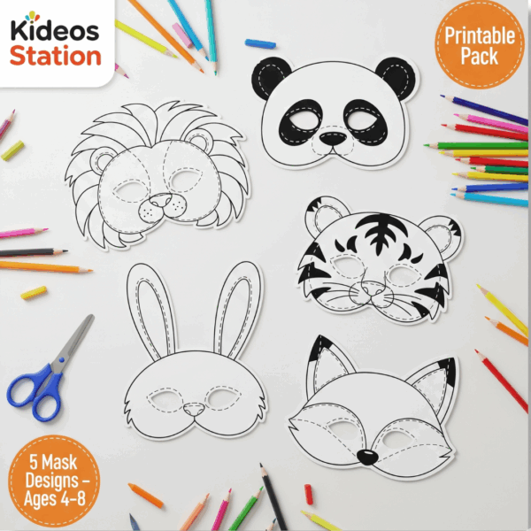 DIY Animal Mask Printable Pack – Color, Cut & Wear Fun for Kids (Ages 4–8)