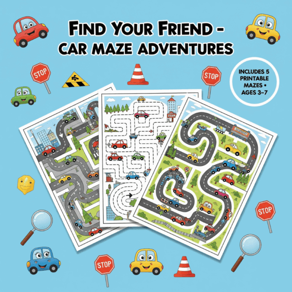 Car Maze: Find Your Friend Printable Pack – 5 Fun Mazes for Kids