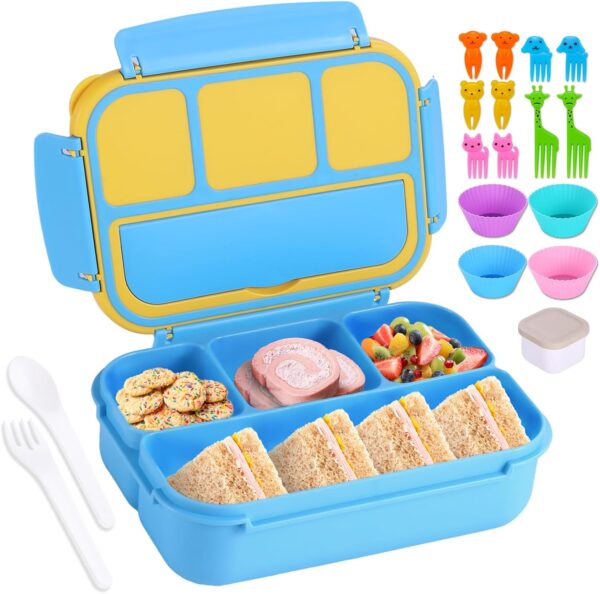 Bento Box for Kids Girls Boys, Bento Box Adult Lunch Box with 4 Compartments, Lunch Containers with Utensils, Sauce Jar, Muffin Liners for School, 40 Oz/5 Cup, Blue